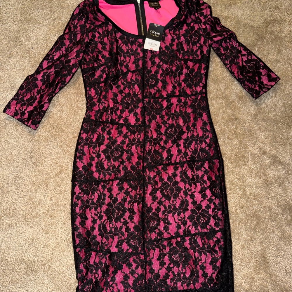 Nicole Miller Fuchsia and Black Lace Dress